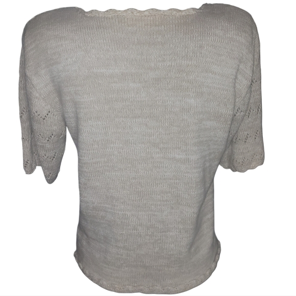 Beige Colored Crochet Button Front Short Sleeve Sweater L - Picture 6 of 7